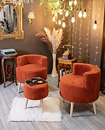 Ahşap Ayaklı Puflu Çay Seti – Sıcak ve Davetkâr Oturma Keyfi